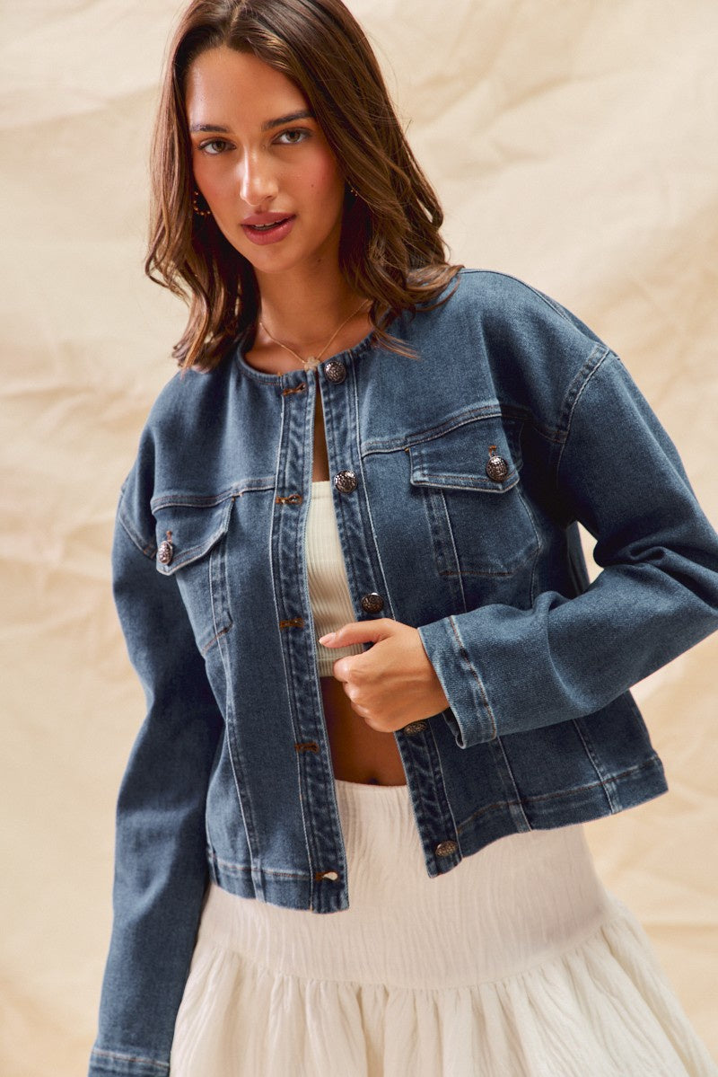 Collarless Denim Jacket