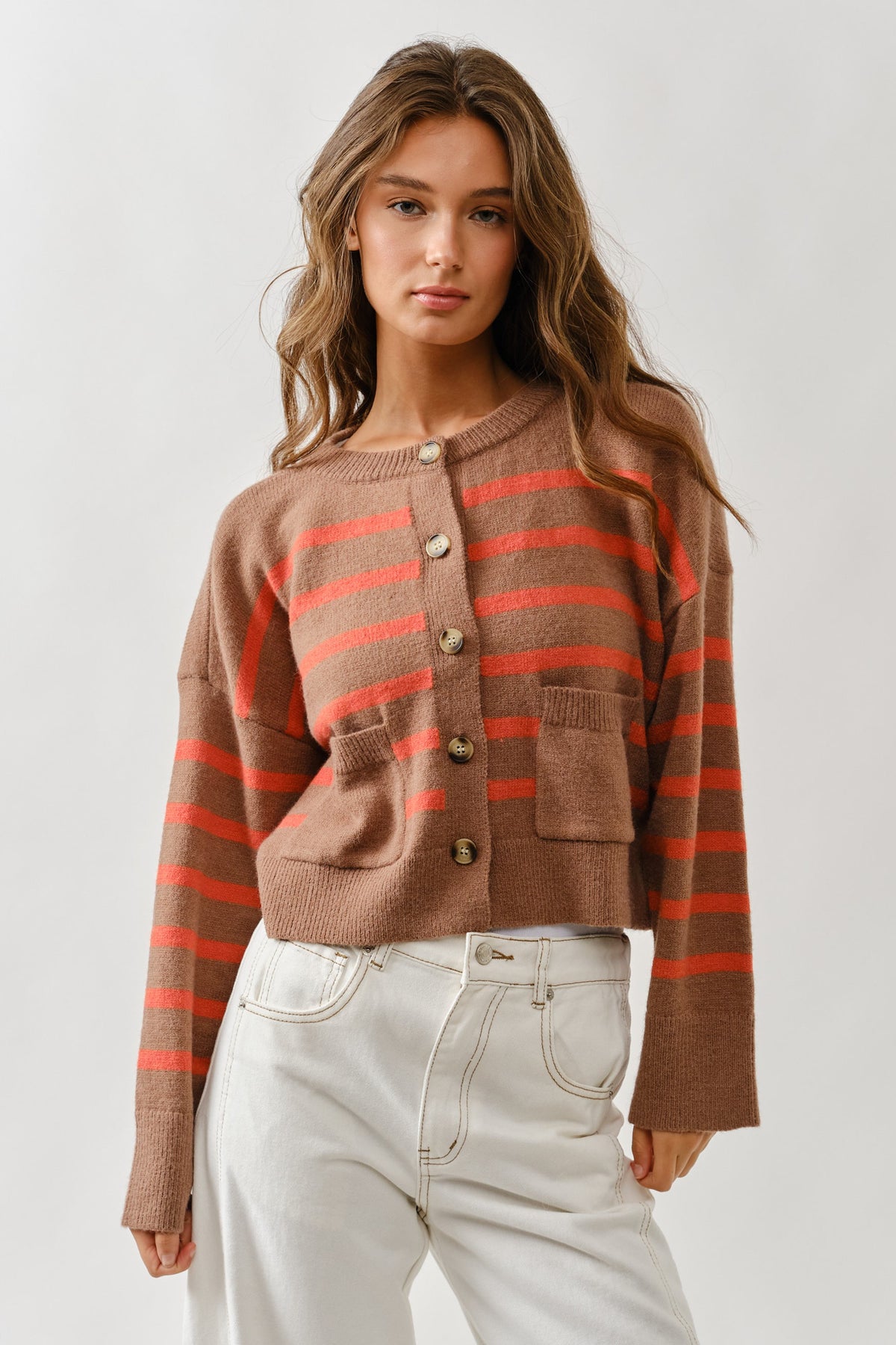 Striped Crewneck Button Down  Sweater