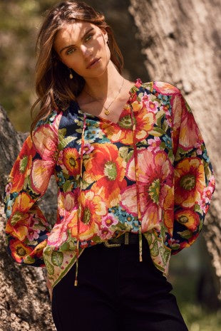 Floral Border Printed Keyhole Blouse