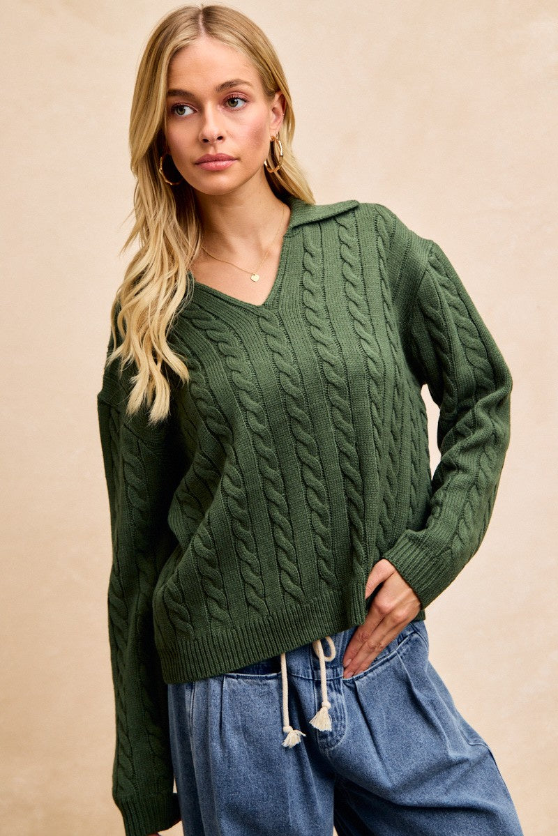 Olive Cable Knit Collared Sweater