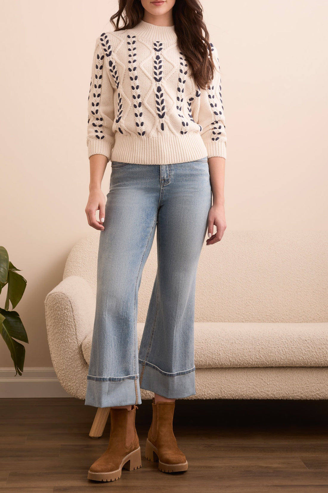 Tribal 3/4 Sleeve Cable Detail Sweater