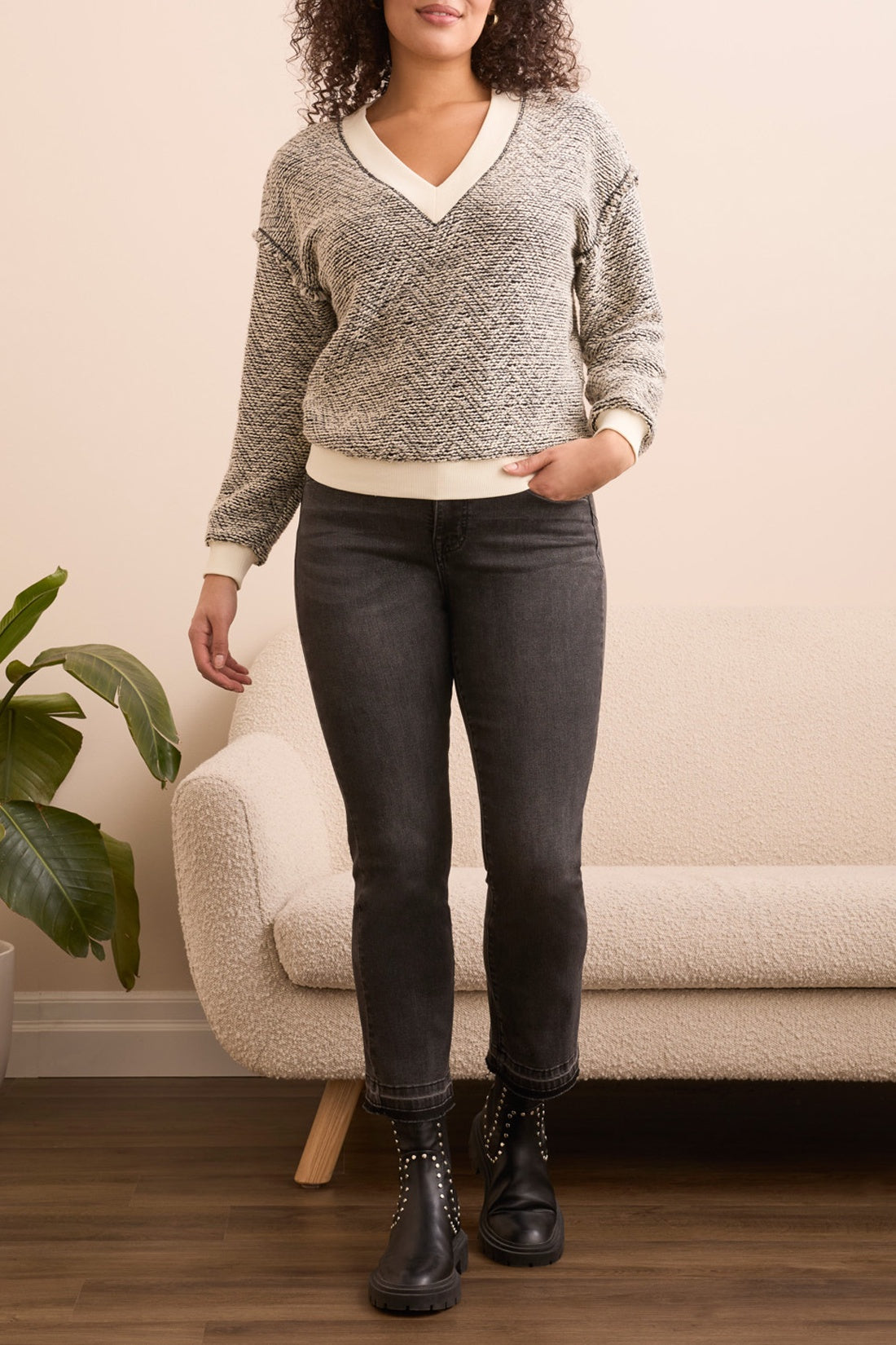 Tribal V-Neck Rib Detail Top