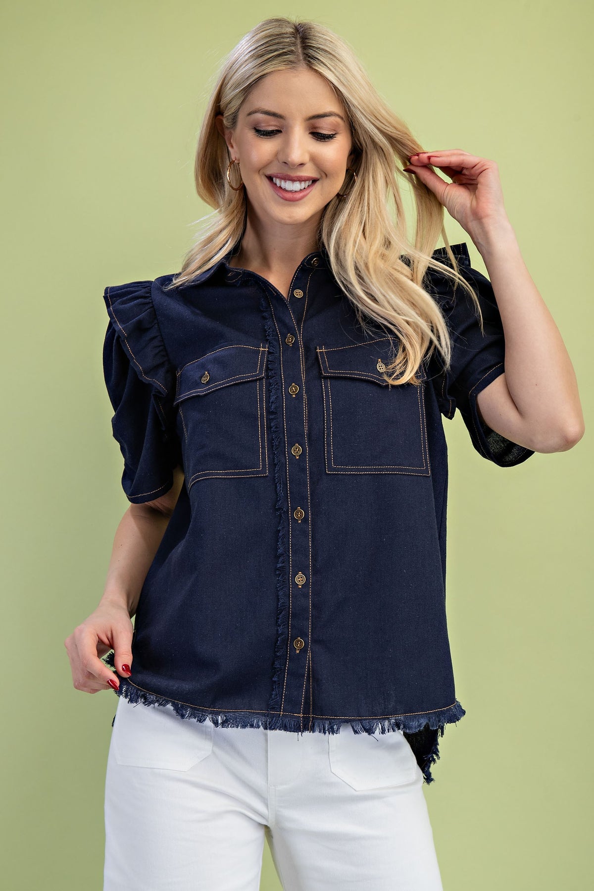 Gathered Sleeve Denim Top