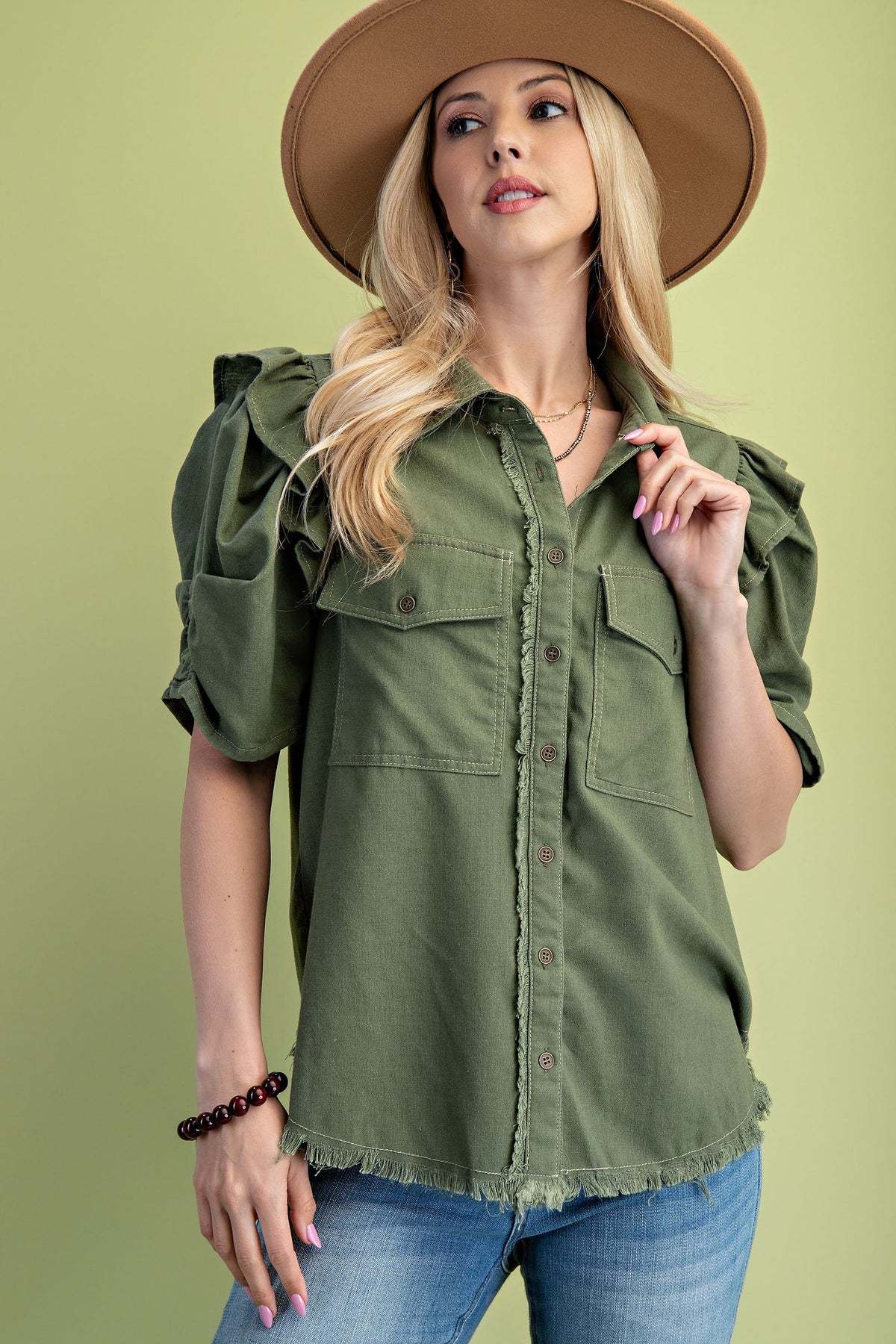 Ruffle Gathered Sleeve Top