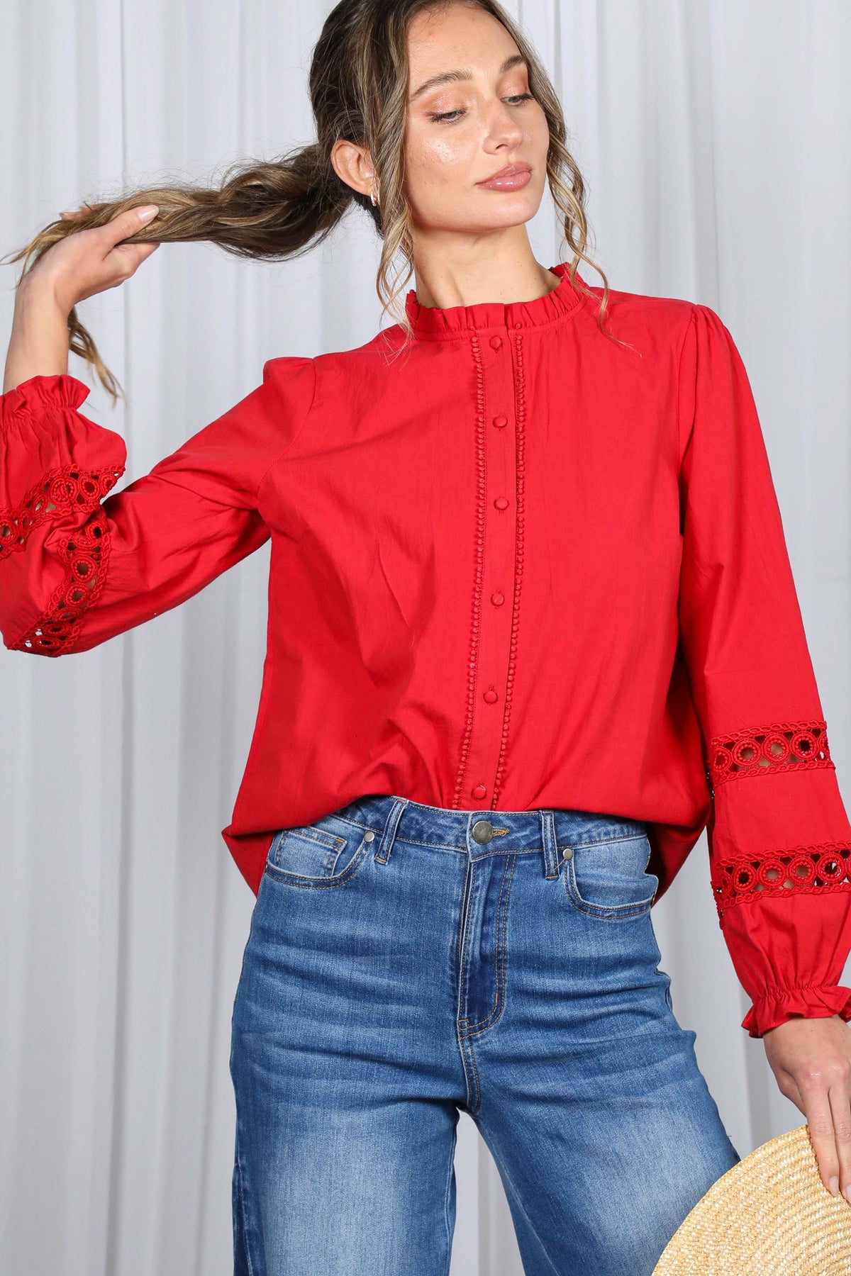 Lace Trim Ruffle Neck Blouse