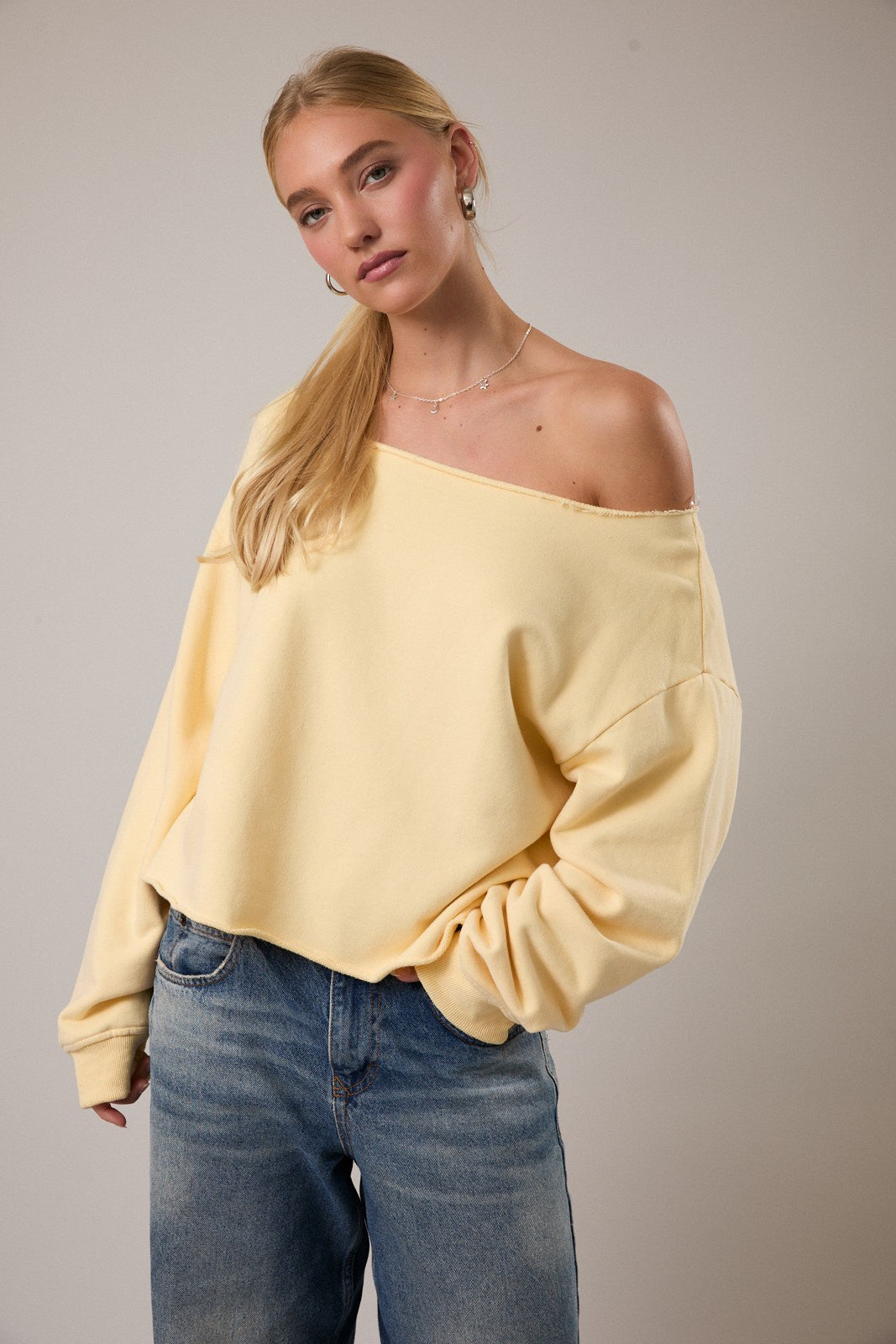 Off Shoulder Sweatshirt Rolled Hem