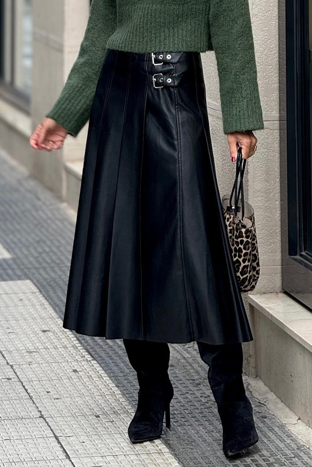 Pleated Buckle Flair Skirt