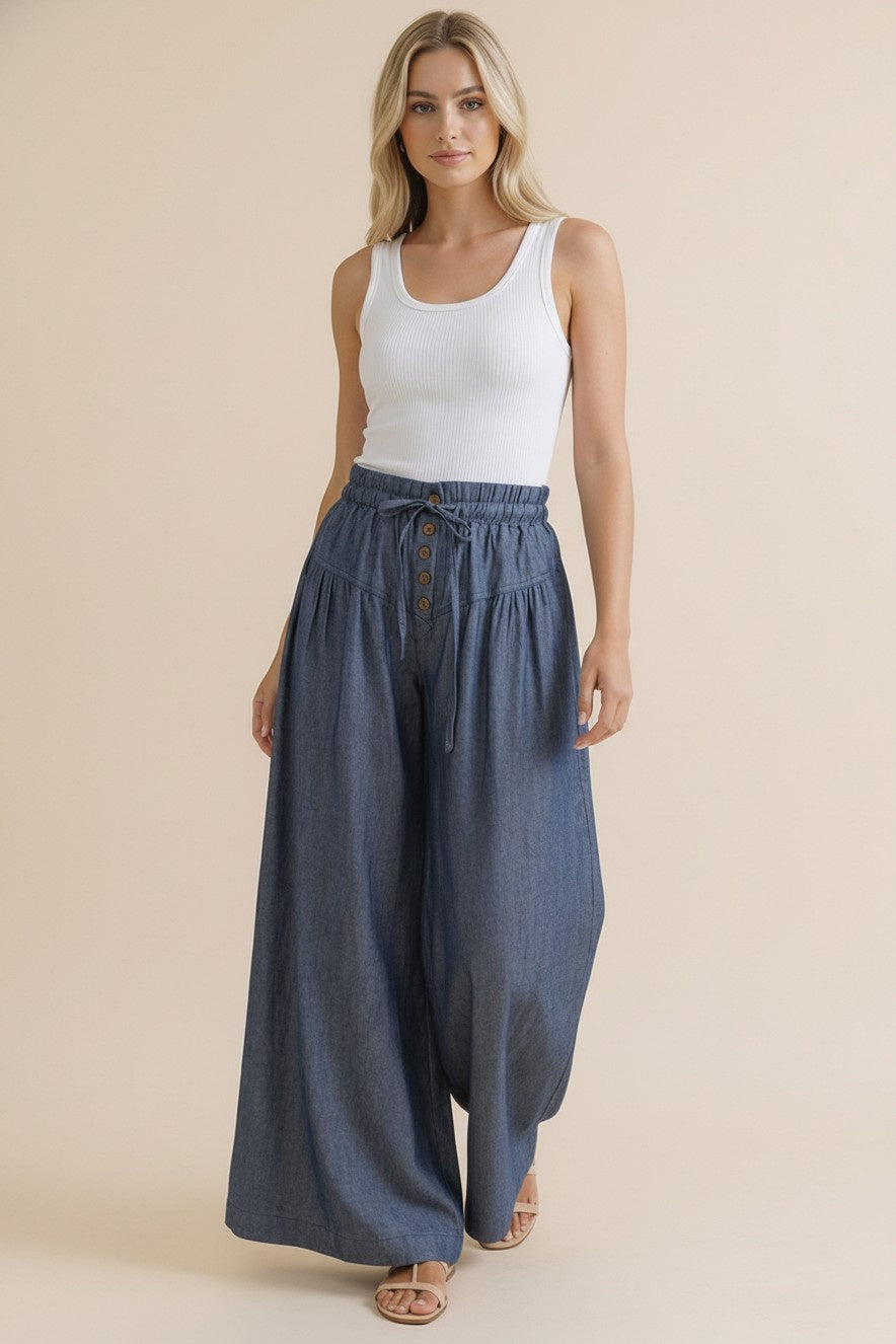BUTTON DOWN WIDE LEG CHAMBRAY PANT