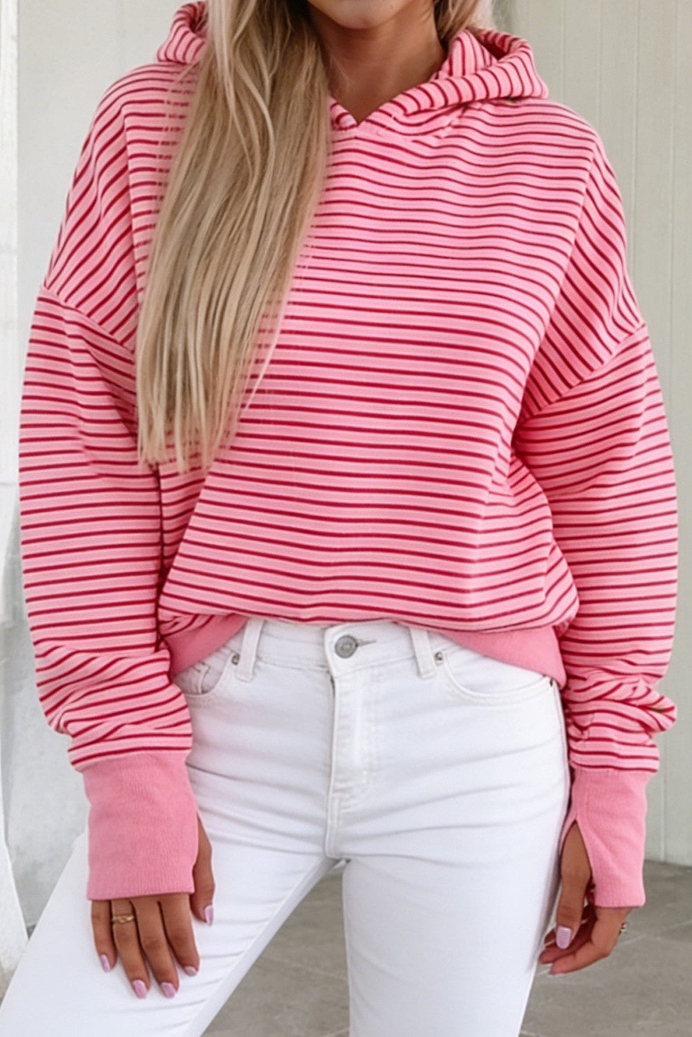 Stripe Thumbhole Drop Shoulder Loose Fit Hoodie