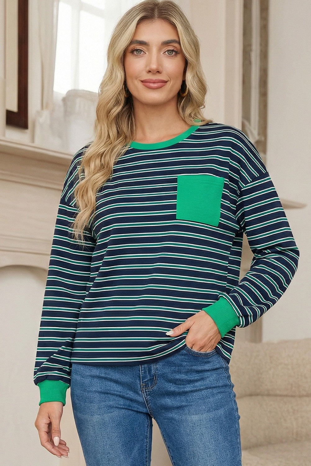 Patch Pocket Striped Long Sleeve Tee