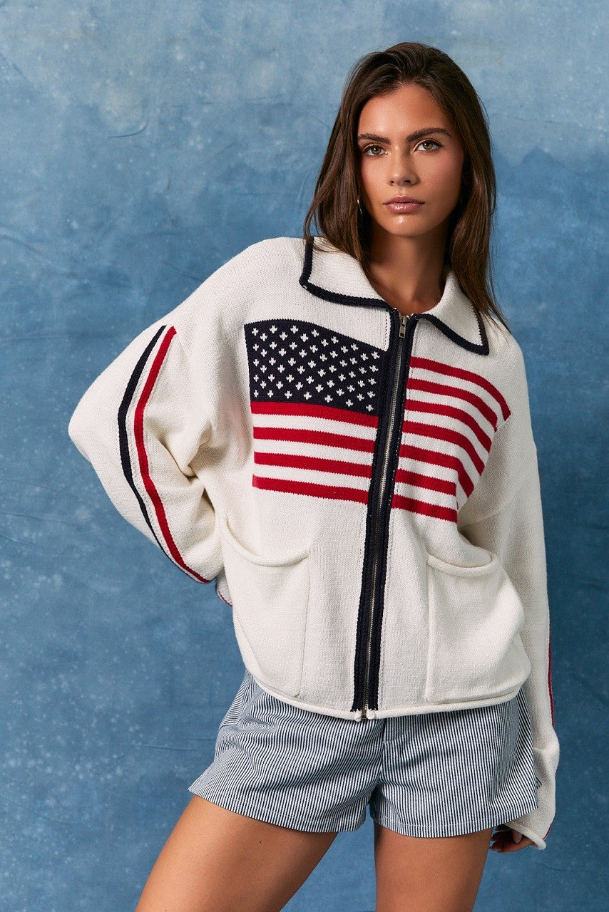 COLLARED USA FULL ZIP SWEATER