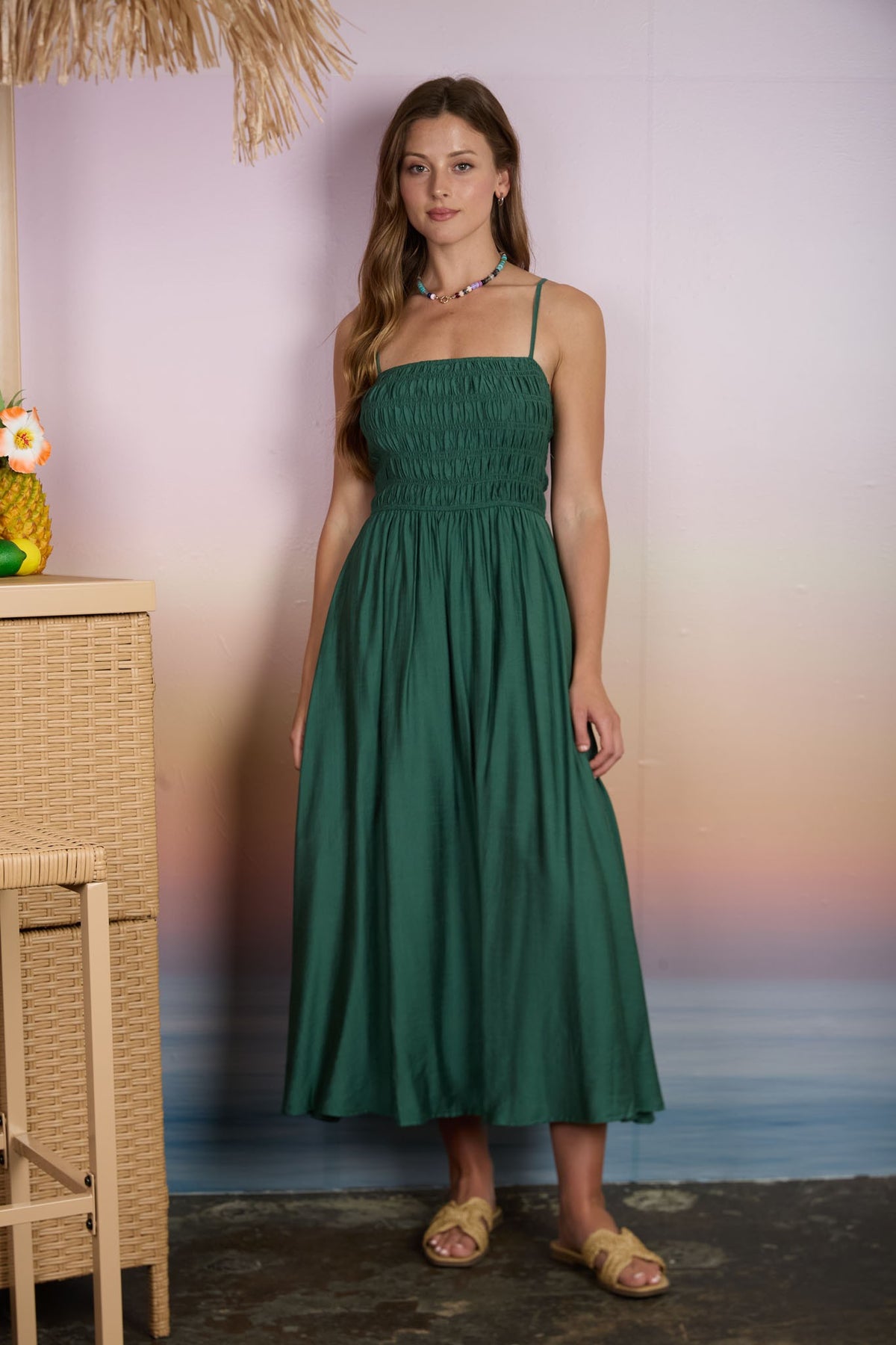 Shirred Bodice Spaghetti Strap Dress