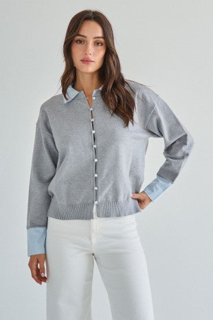 Button Down Collar Contrast  Cardigan