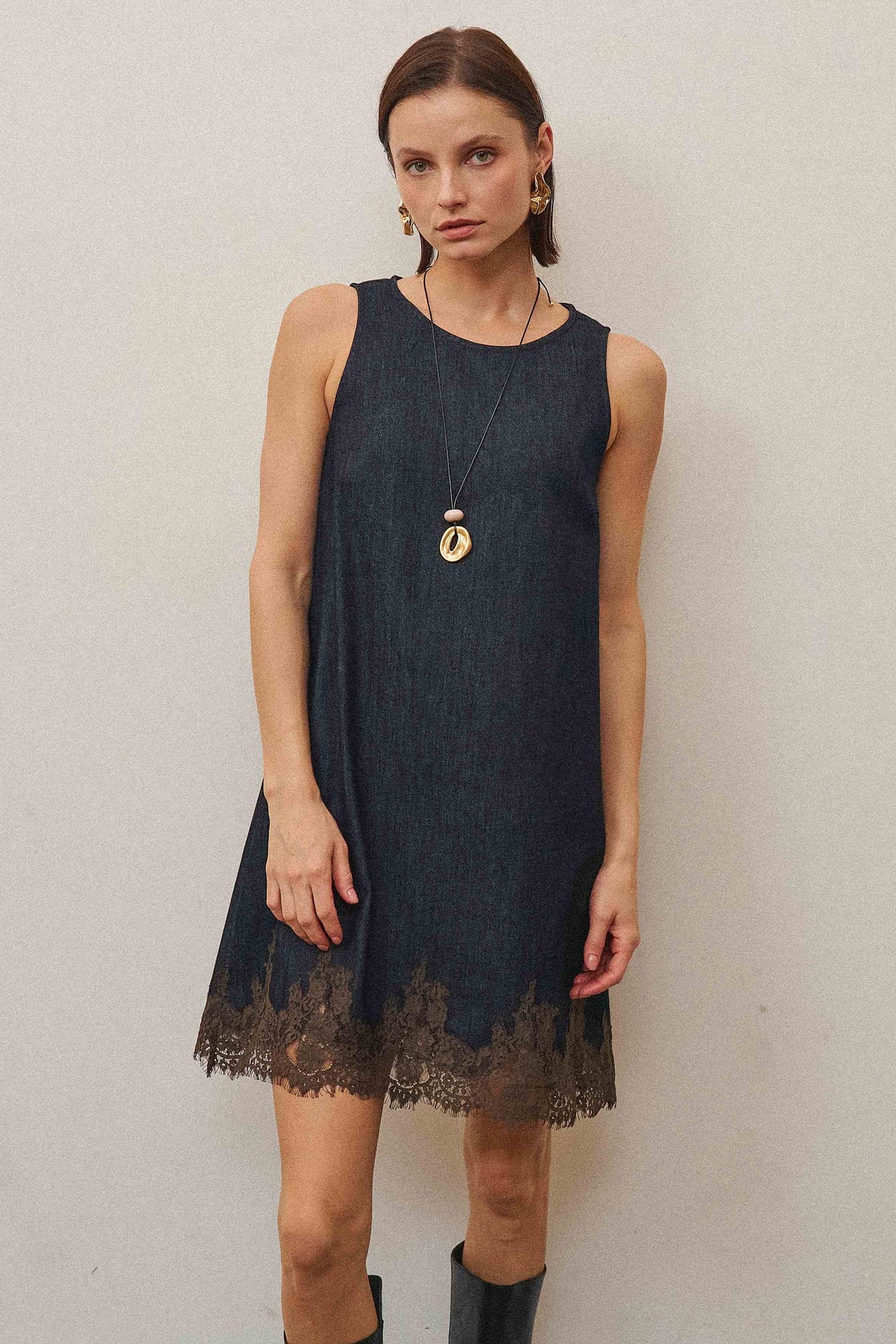 Lace Trimmed Denim Dress