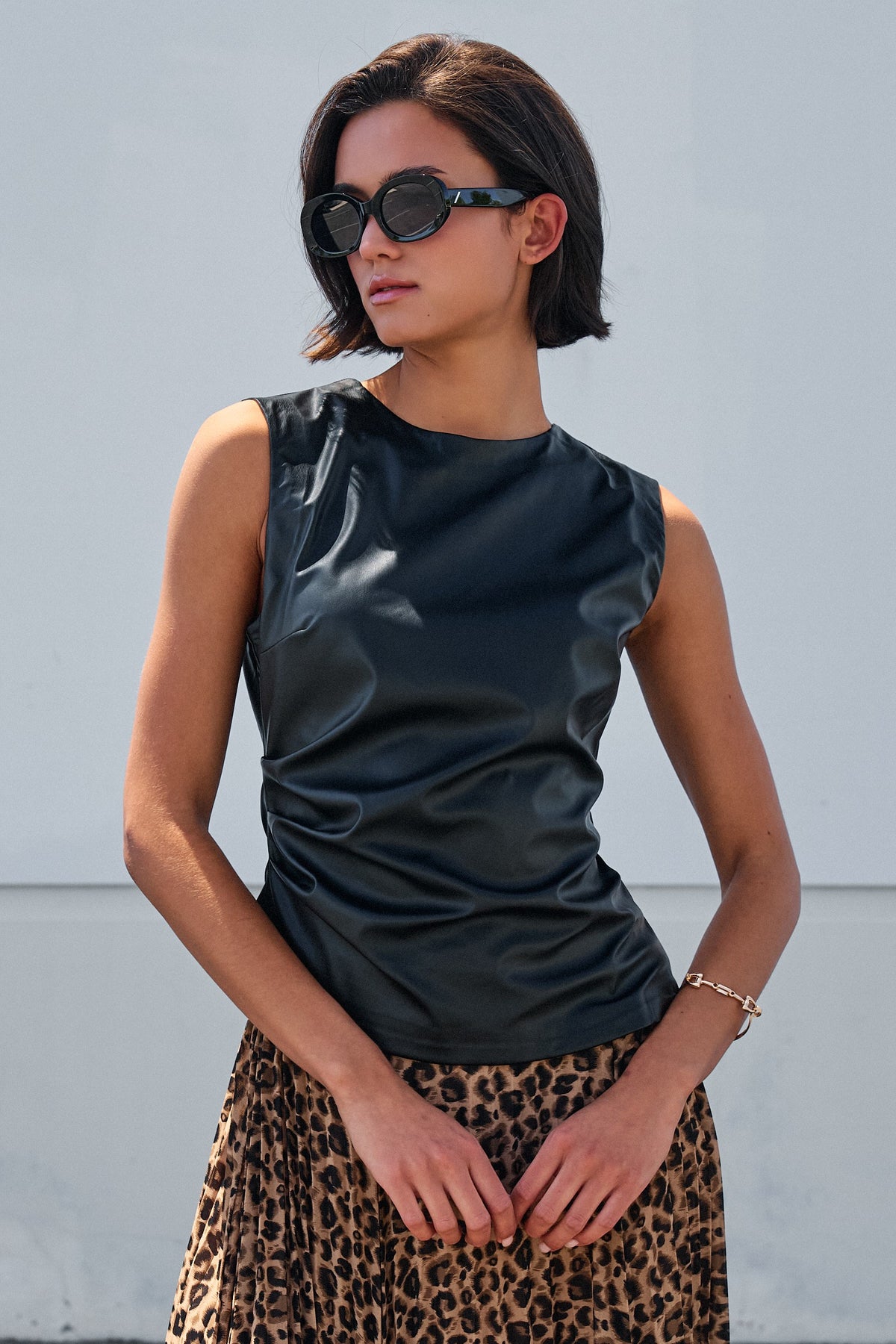 Faux Leather Ruched Sleeveless Top