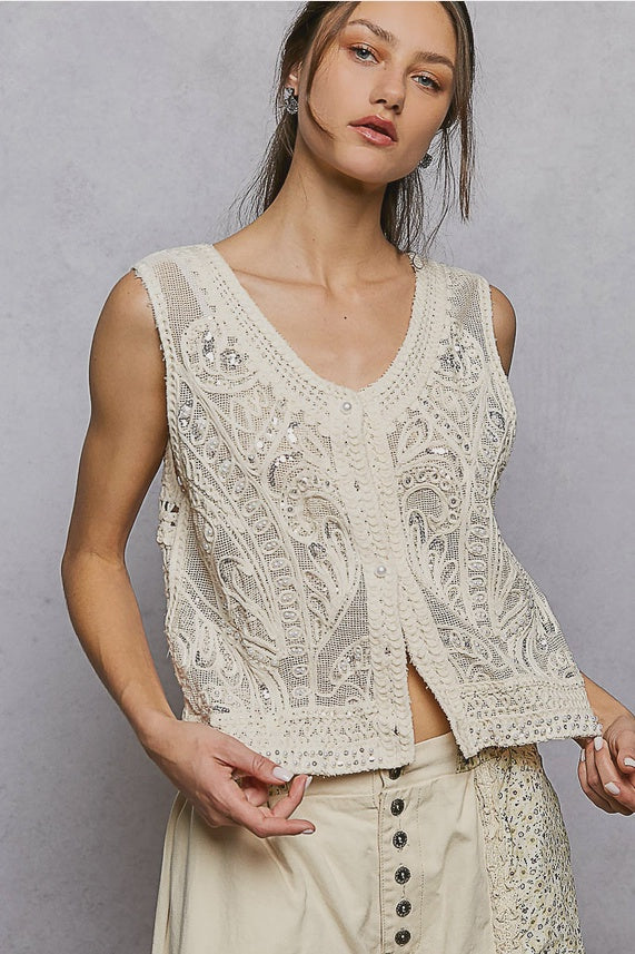 Pearl Stud Embroidery Crochet Top
