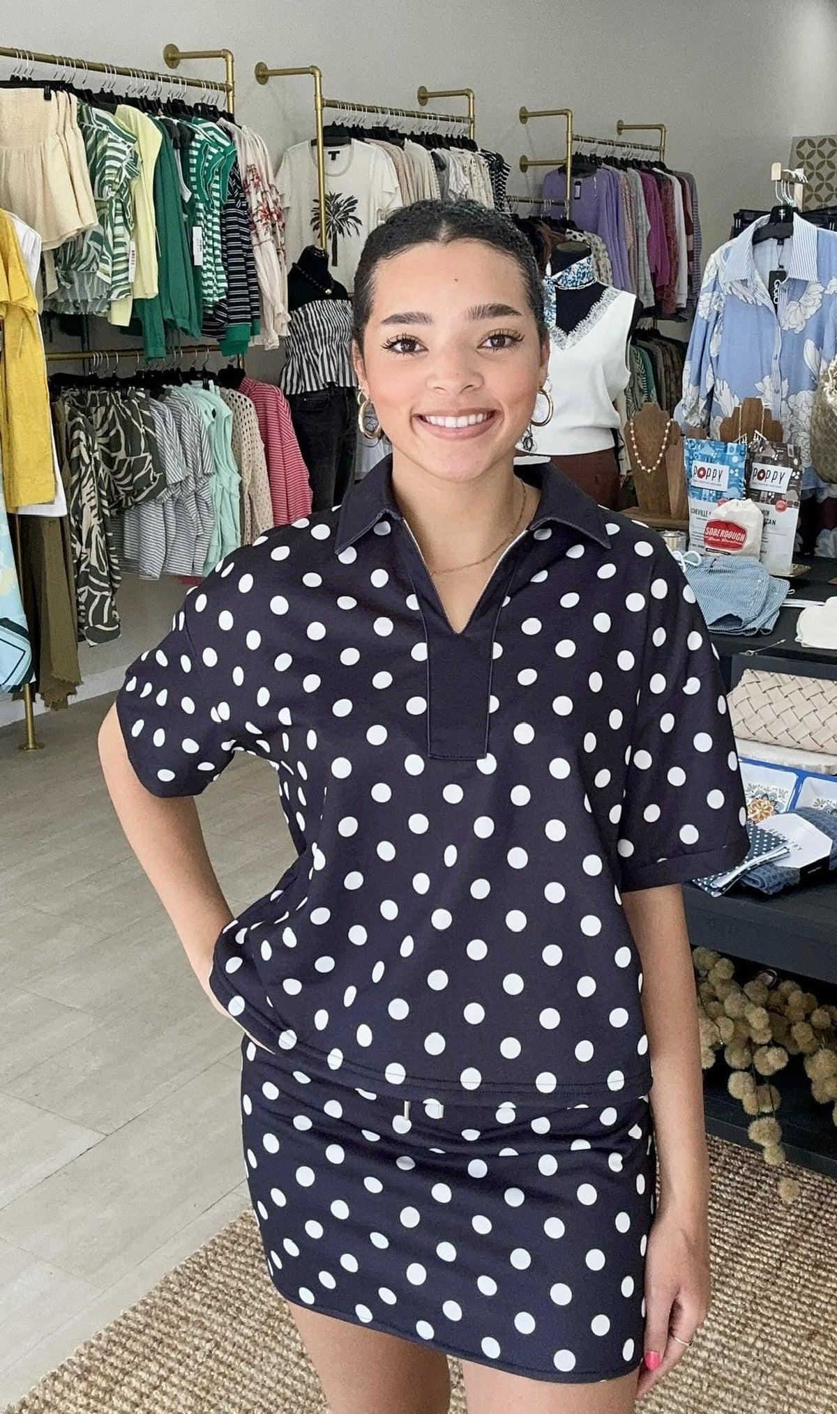 Polka Dot Collared Top & Skirt Set