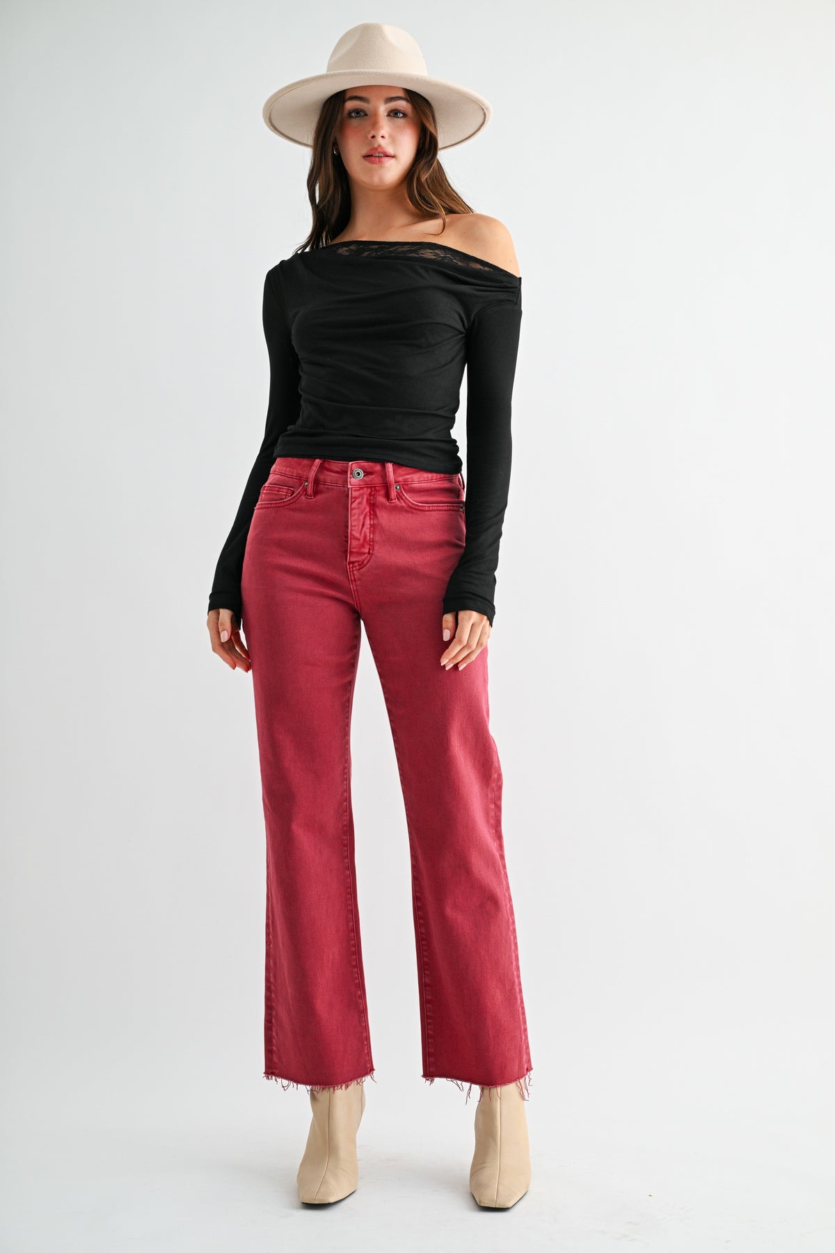 High Rise Straight Ankle Mica Denim- Washed Red
