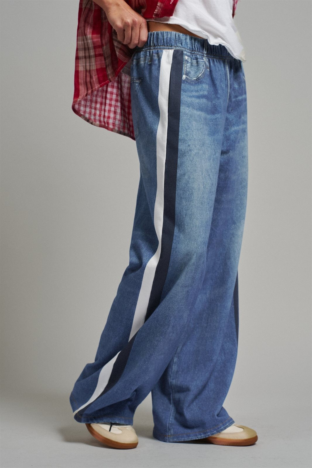 FAUX DENIM TRACK PANTS