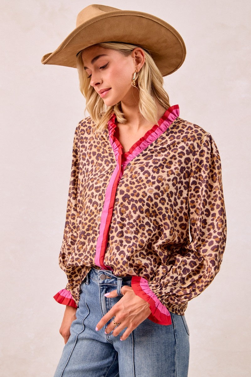 Ruffle Collared Leopard Print Top