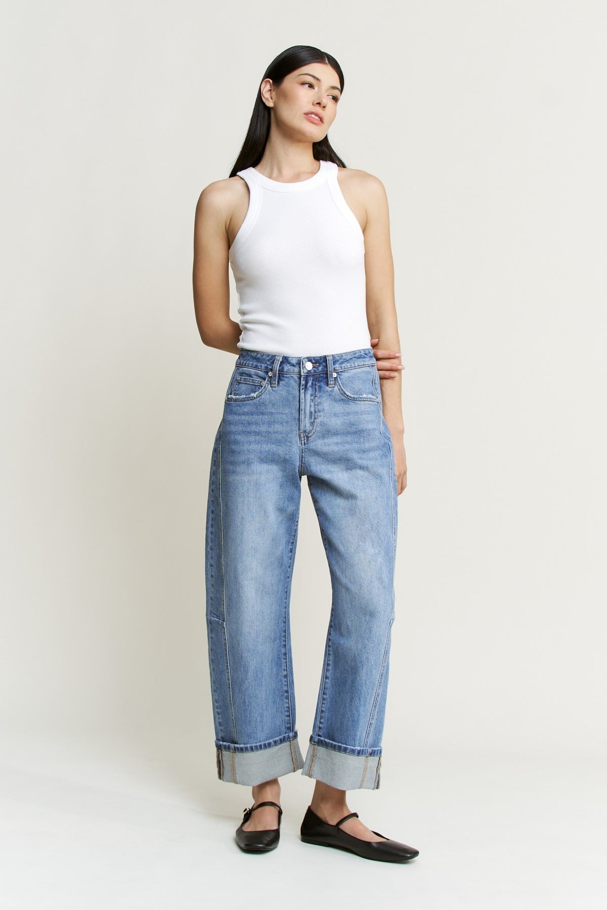 Barrel Leg Cuffed Denim