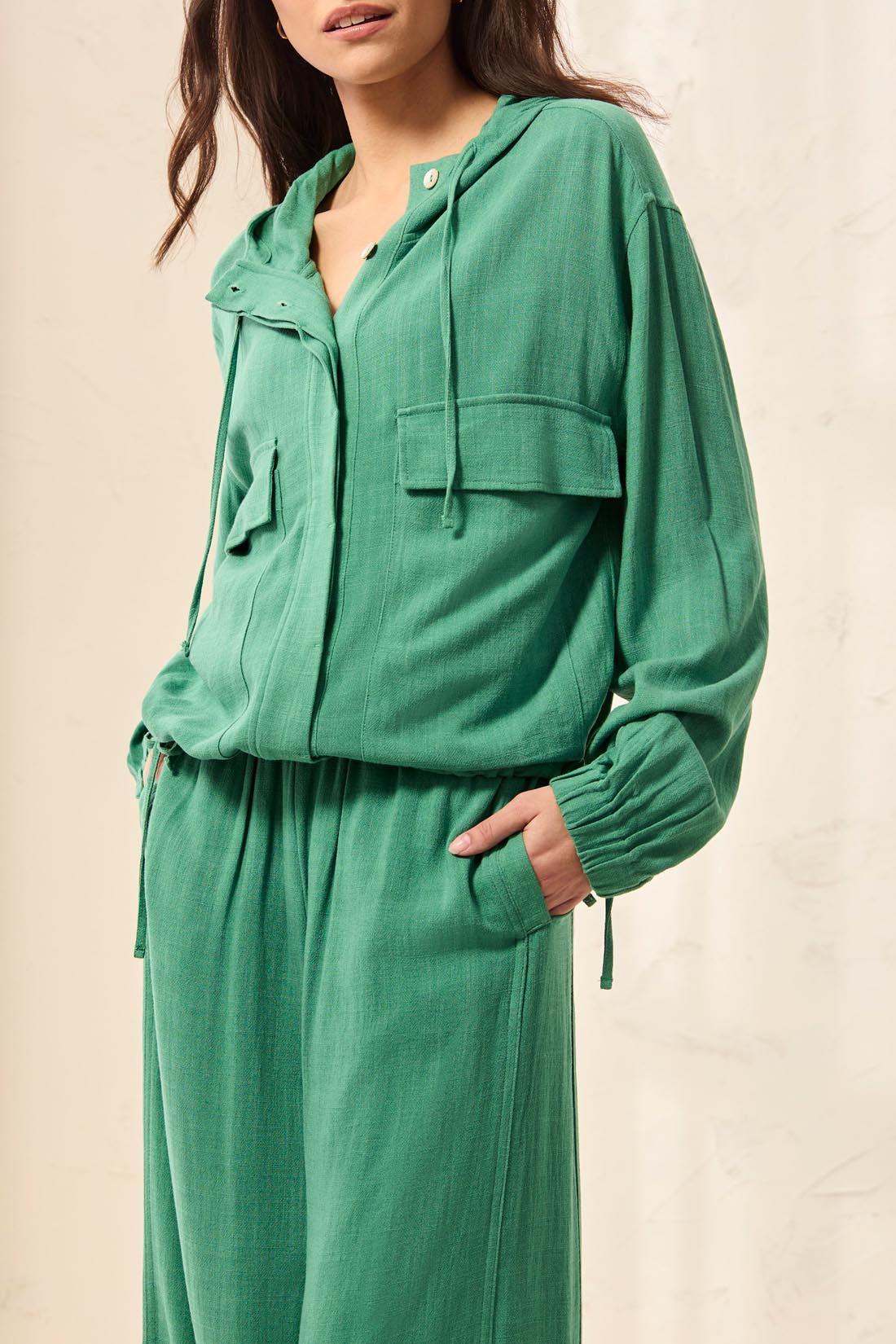 TRIBAL BUTTON FRONT JACKET W/ HOOD-GRASS