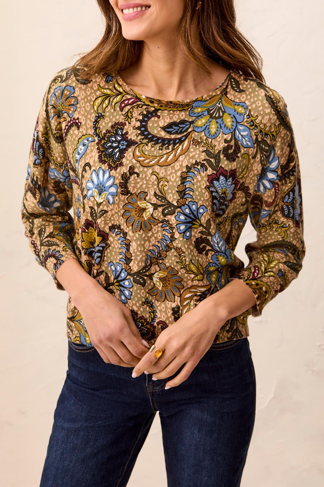 Tribal Soft Yarn 3/4 Sleeve Crew  Sweater